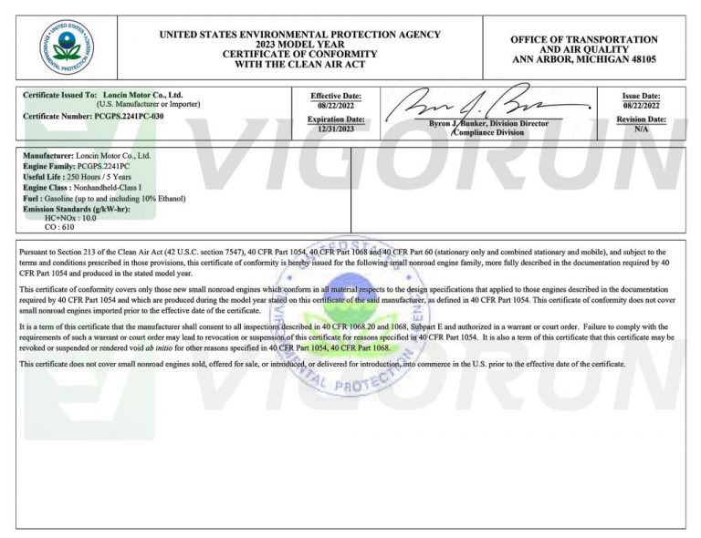 US Emission Certification